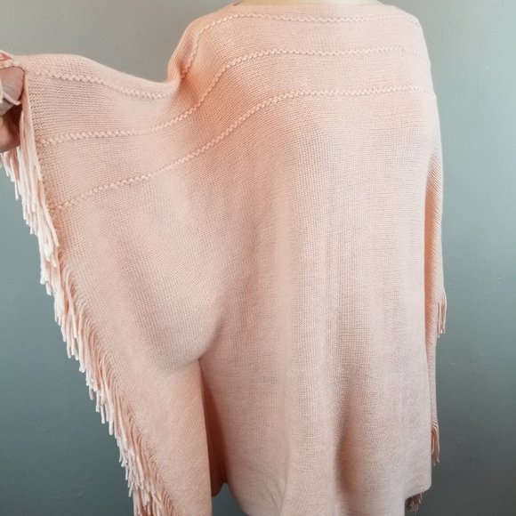 Super Soft Blush Pink Shawl Sweater Poncho with Fringe by Layers by Lizden - Picture 8 of 8